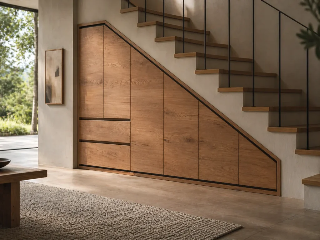 Einbauschrank aus Eiche unter einer Treppe