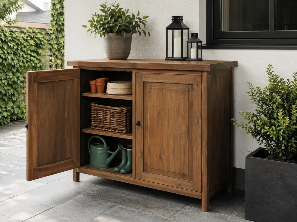 Gartenschrank aus Holz mit geöffneter Tür auf einer Terrasse