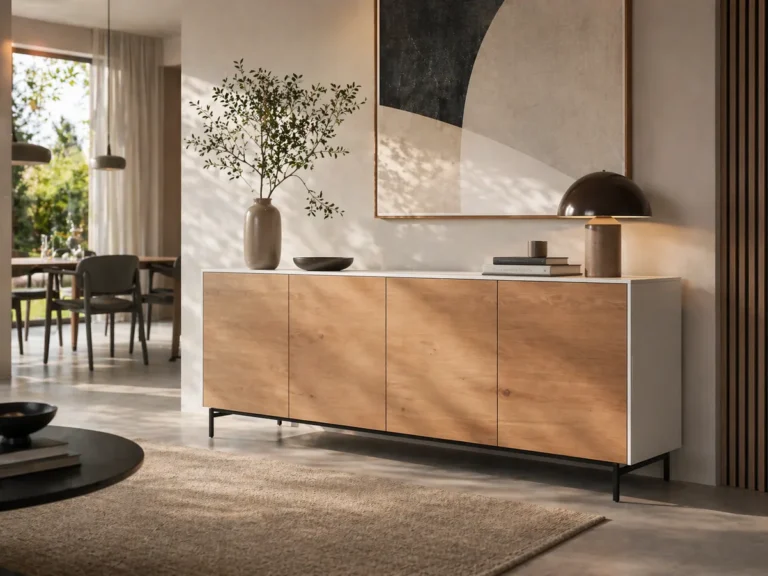 Sideboard aus Eiche mit weißem Korpus im Essbereich