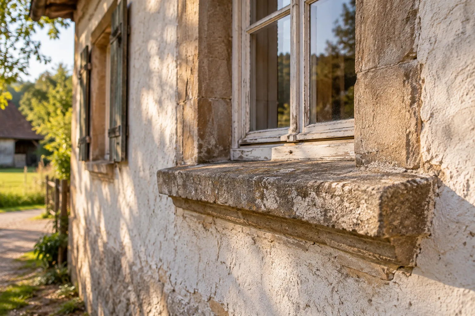 Steinerne Sohlbank an einem alten Bauernhaus