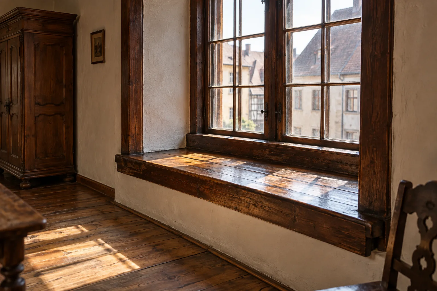 Holz-Fensterbank in der Nische eines Bürgerhauses