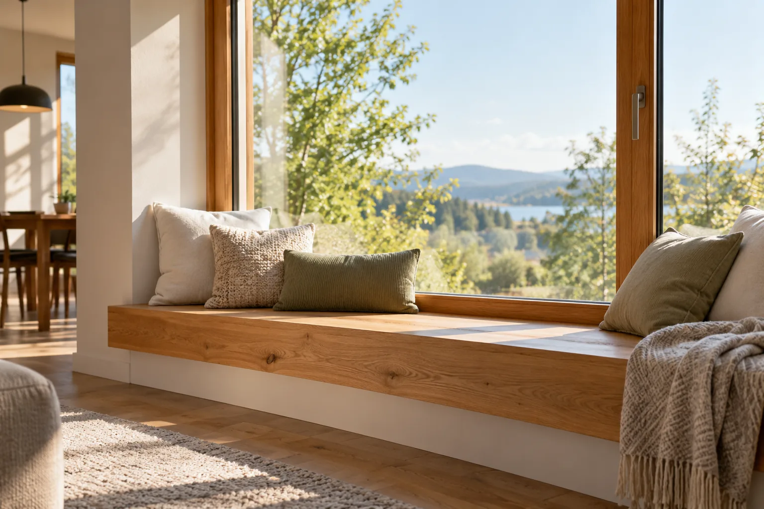Massivholz-Fensterbank als Sitzbank am bodentiefen Fenster