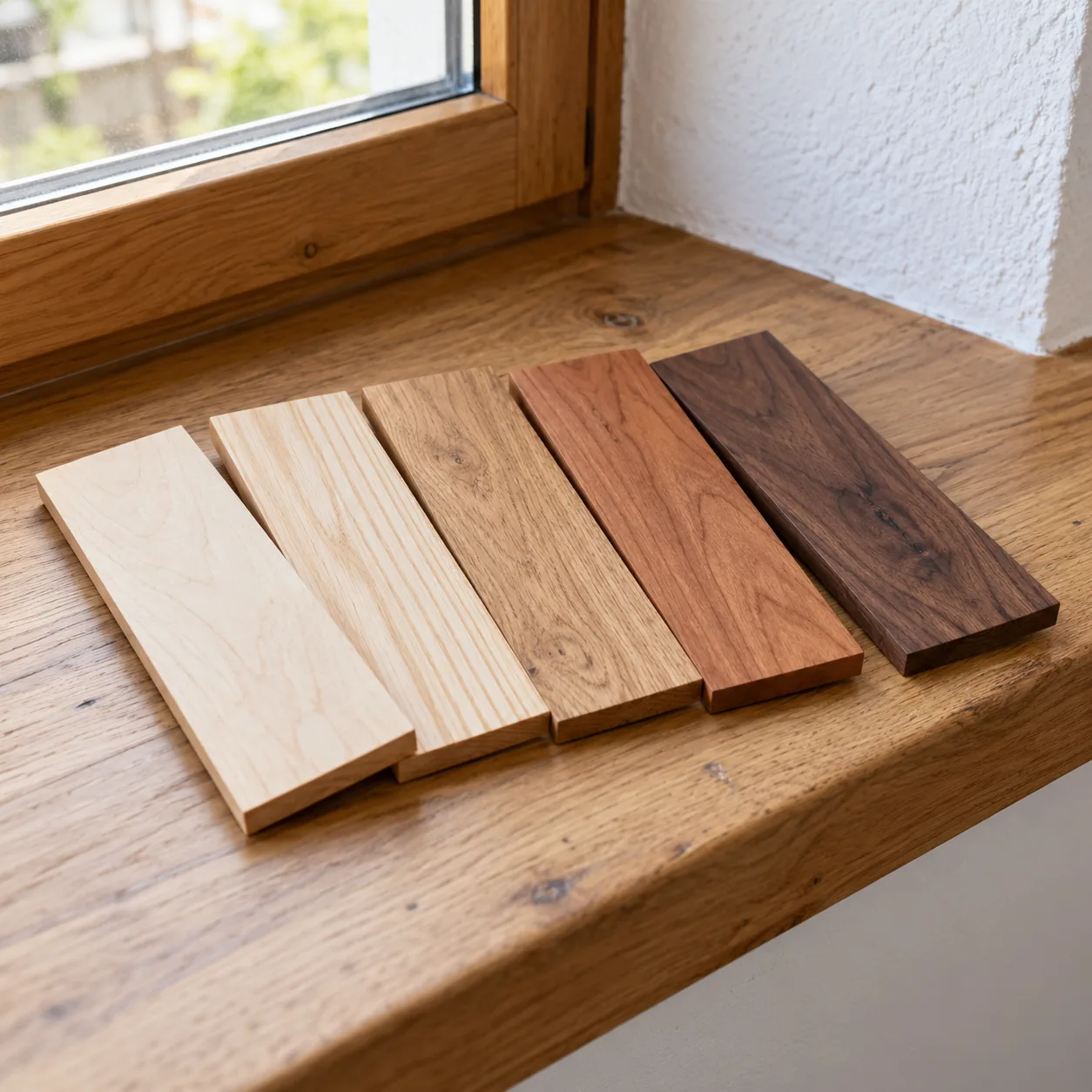 Holzmuster verschiedener Holzarten auf einer Fensterbank