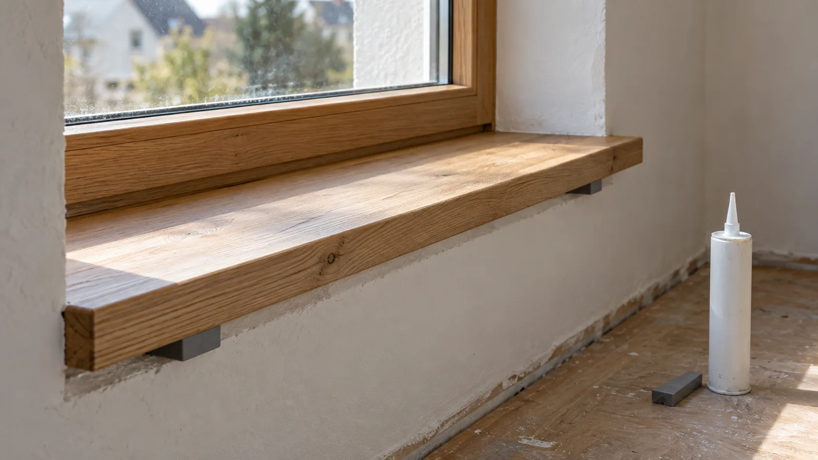 Frisch eingesetzte Fensterbank mit Unterlegkeilen